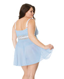 Scallop Stretch Lace & Mesh Babydoll & Thong Light Blue/white