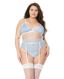 Scallop Stretch Lace Bra, Garter Belt & G-string Light Blue/white