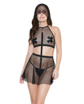 Play Darque Fishnet Halter Top, Skirt, Veil Headband, & Removable Leash Blk