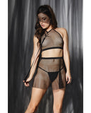 Play Darque Fishnet Halter Top, Skirt, Veil Headband, & Removable Leash Blk