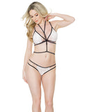 Fashion Stretch Lace Bralette & Crotchless Panty W-harness White-black O-s