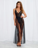 Stretch Lace Teddy & Sheer Mesh Maxi Skirt W/adjustable Straps & G-string