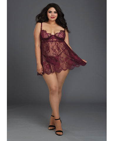 Eyelash Lace Babydoll W/underwire Cups & Lace Thong Mulberry