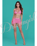 Simply Sexy Stretch Lace Bralette, & Garter Skirt W/adjustable Straps & G-string Hot Pink