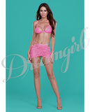 Simply Sexy Stretch Lace Bralette, & Garter Skirt W/adjustable Straps & G-string Hot Pink