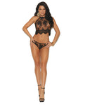 Mesh Halter Neck & Zipper Back Cami W/embroidered Detail & Ruched Back Panty Black