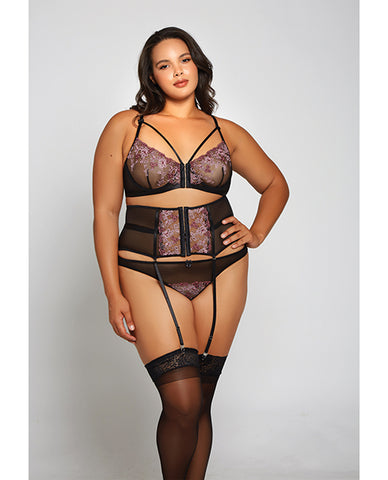 Jacquard Lace, Fine Mesh, Waiste Cincher Garter & Thong Fuchsia/black