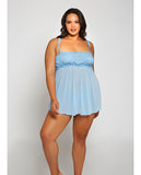 Lace & Fine Mesh Babydoll & Mesh G-string Light Blue