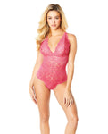 Soft Edged Galloon Lace Teddy W/adjustable Straps & Snaps Crotch Bright Rose