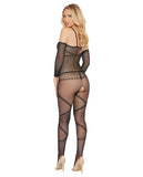 Crotchless, Fishnet, Printed Spaghetti Strap Bodystocking Black O-s